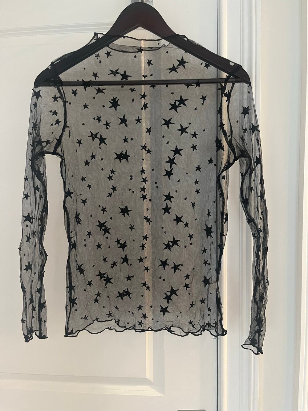 Vera & Lucy mock neck sheer top stars print celestial black Sz. S gothic